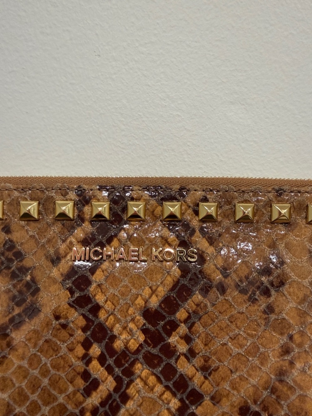 Michael Kors Tan Snake-Print Studded Wristlet